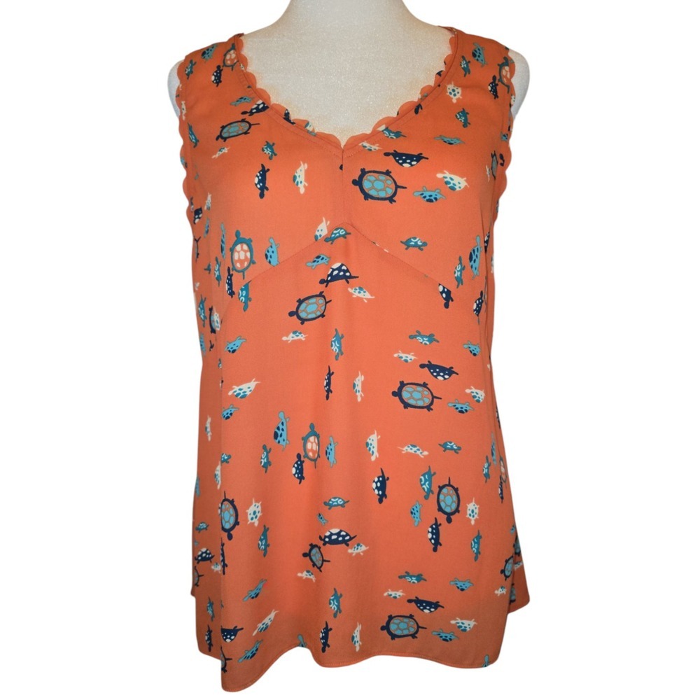 Maeve Anthropologie Womens Sz 6 Tank Top Crepe Peach Turtles Printed V Neck